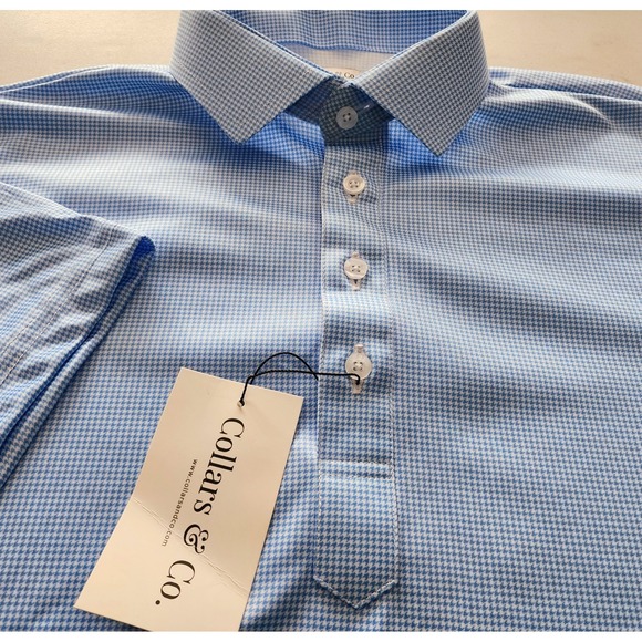 Collars & Co Polo Shirt Mens Size 2XL Blue Houndstooth Semi Spread Travel NEW - Picture 4 of 8